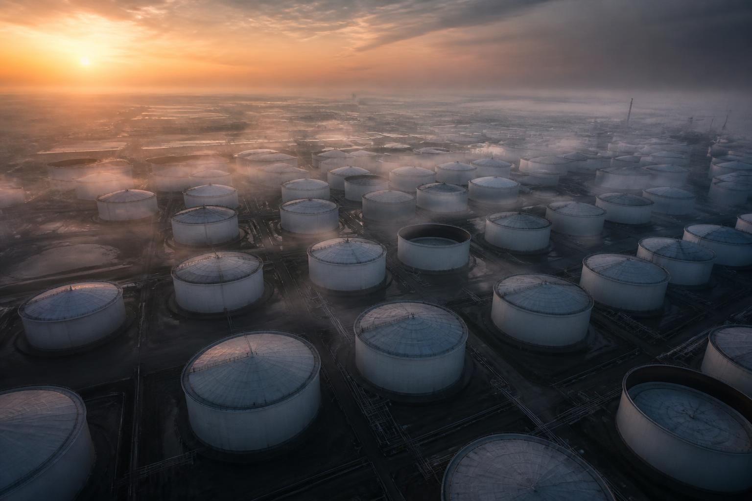 Aerial view of a large chemical storage tank farm at dawn