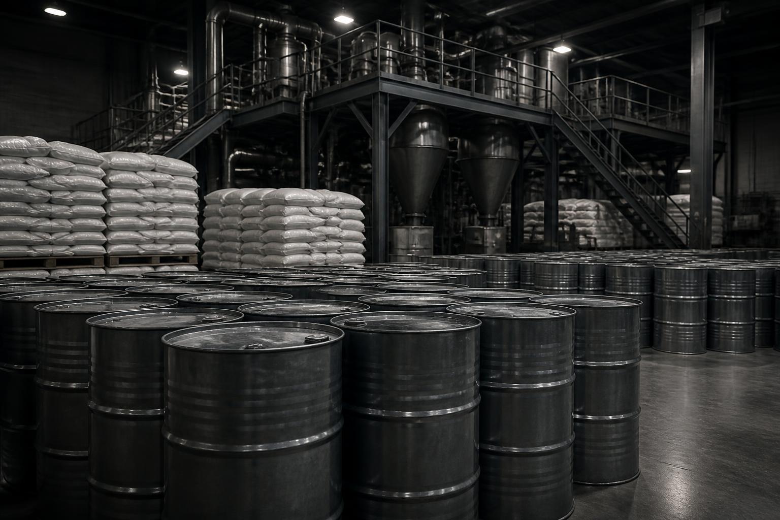Steel drums and packed powder sacks inside a chemical blending facility