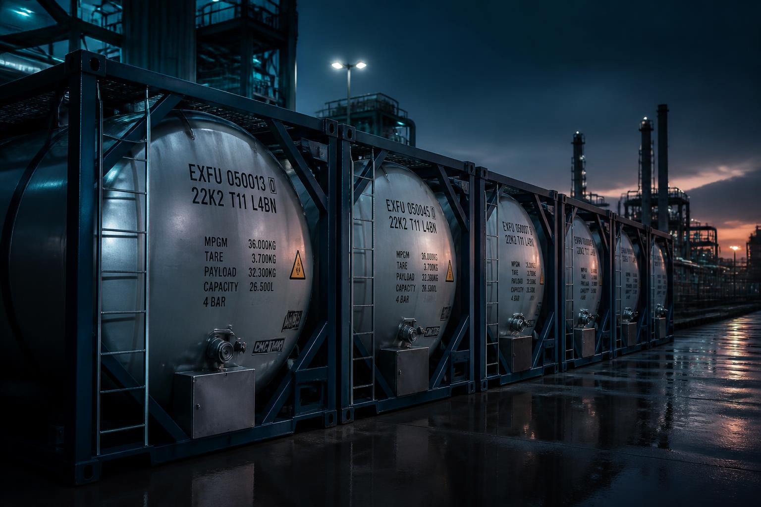 Stainless steel ISO tank containers used for bulk bromine shipment at a chemical terminal