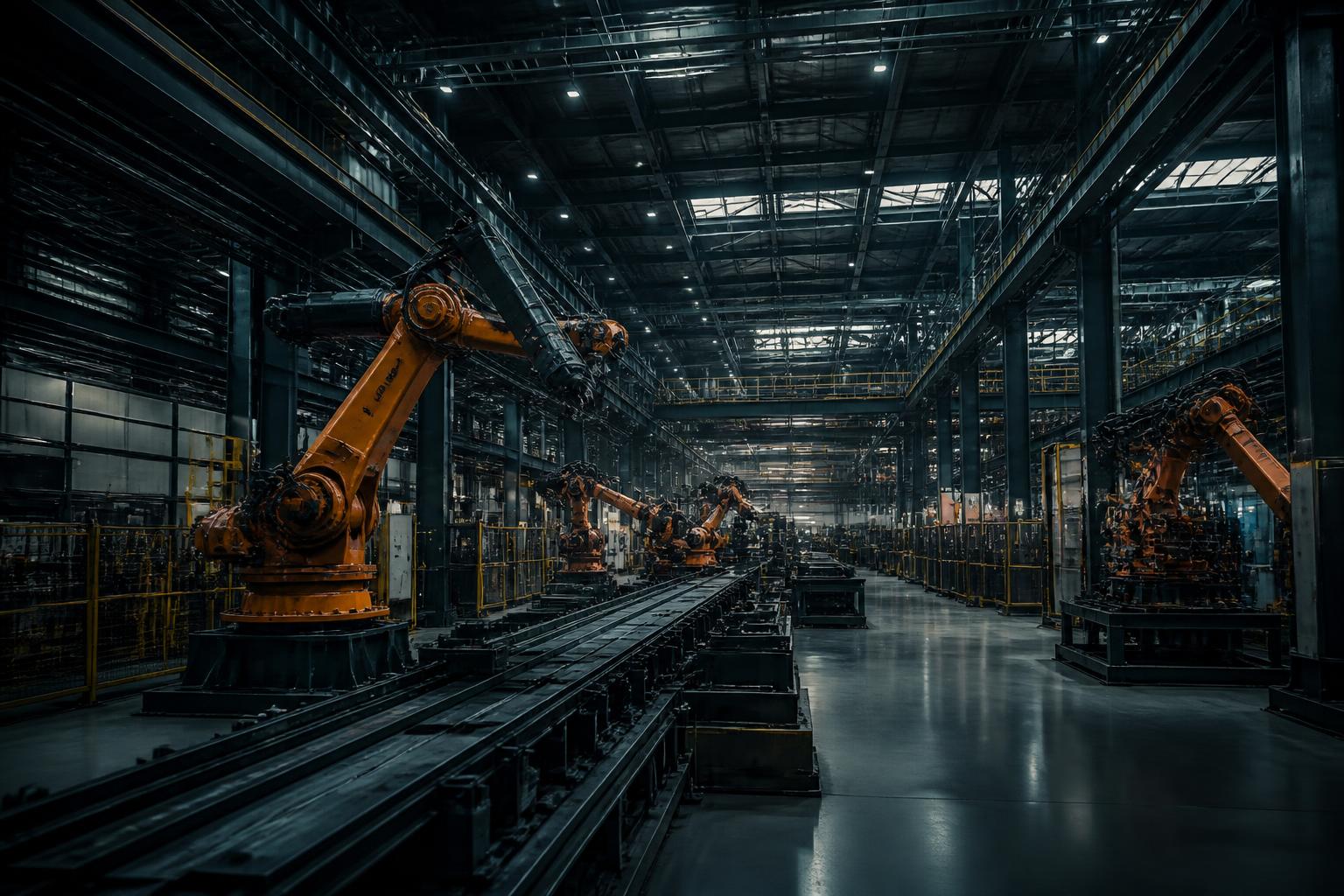 Industrial manufacturing hall with robotic production lines