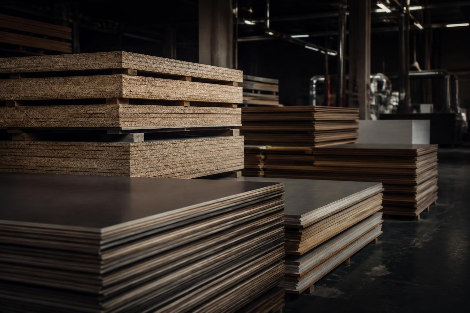 Stacked laminate sheets and particle board panels in a manufacturing plant