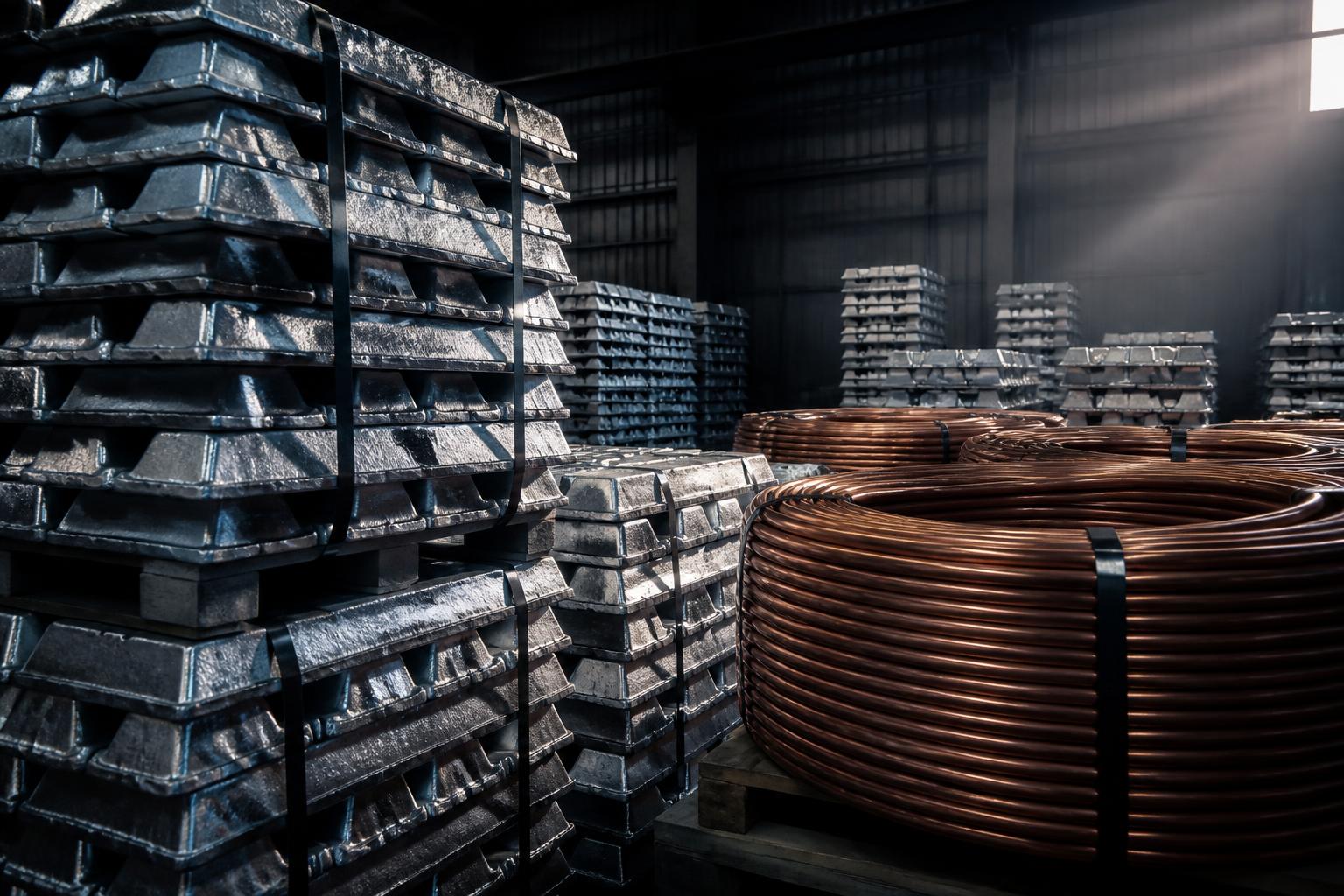Aluminium ingots and copper coils stored in an industrial metal warehouse