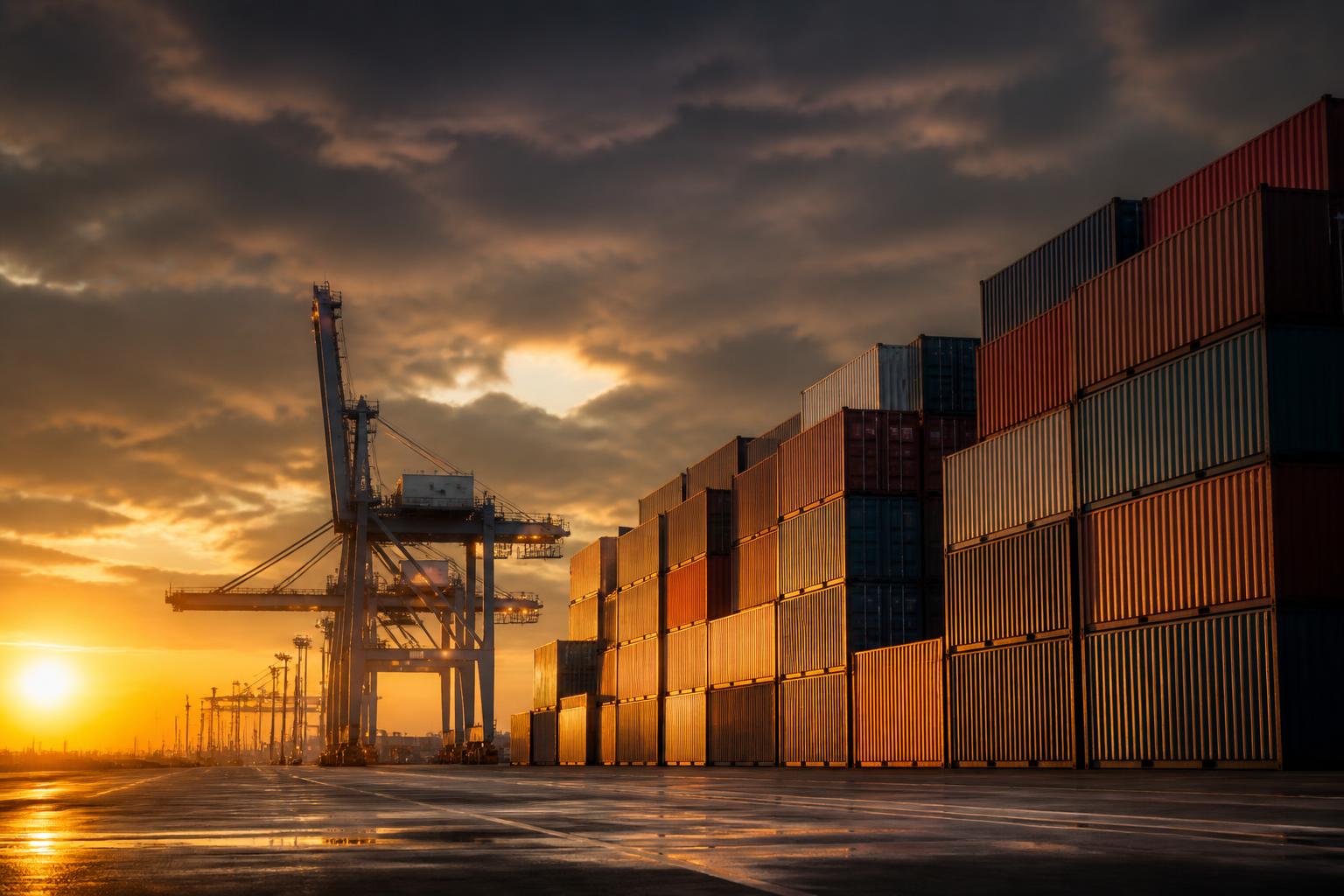 Port terminal with stacked containers at sunset